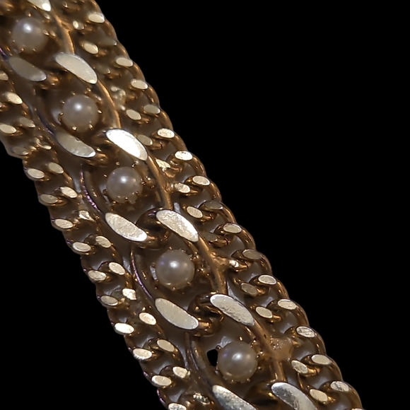 Vintage Goldish Chain Link with Faux Pearl Bracelet L10 - Picture 2 of 6